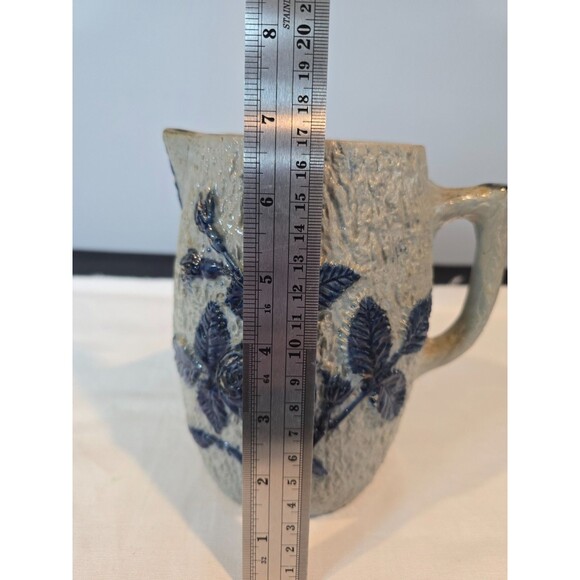 Antique Utica Pottery Stoneware Pitcher Blue Raised Rose Pattern 1800s - As Is - Picture 11 of 11